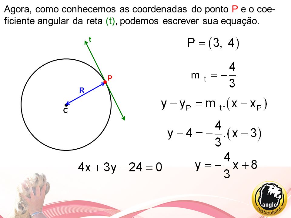 Agora, como conhecemos as coordenadas do ponto P e o coe-ficiente angular da reta (t), podemos escrever sua equação.
