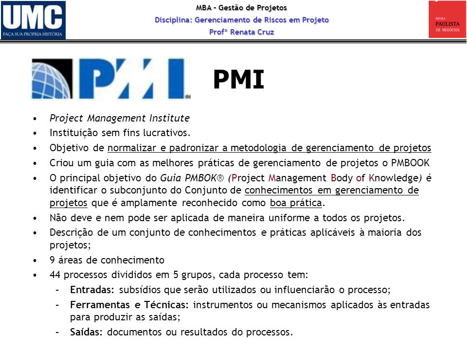 PMI Project Management Institute Instituição sem fins lucrativos.