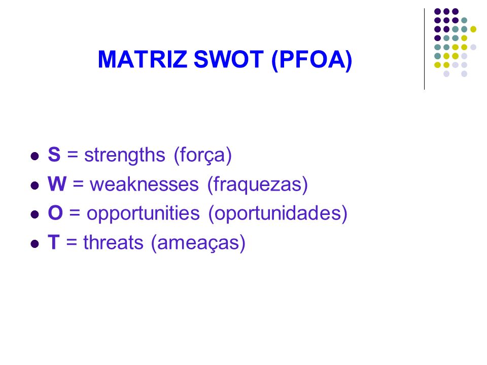 MATRIZ SWOT (PFOA) S = strengths (força) W = weaknesses (fraquezas)