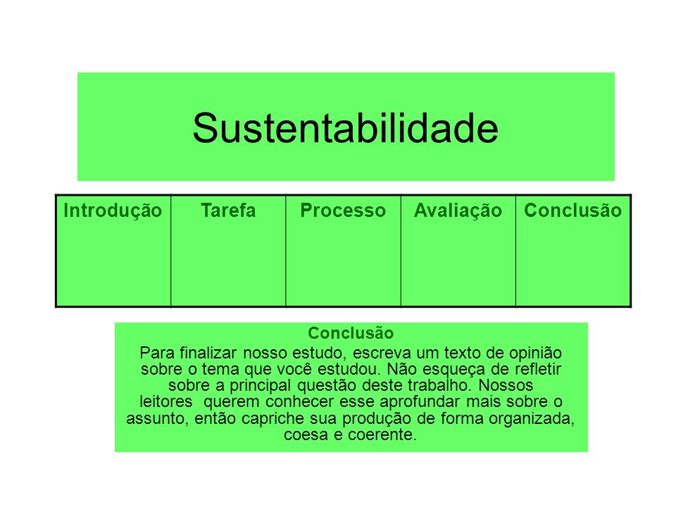 Sustentabilidade Introdução Tarefa Processo Avaliação Conclusão