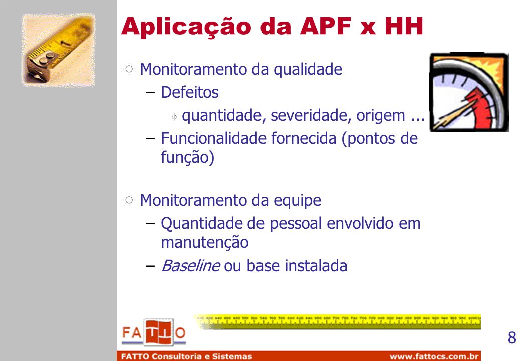 Aplicação da APF x HH Monitoramento da qualidade Defeitos