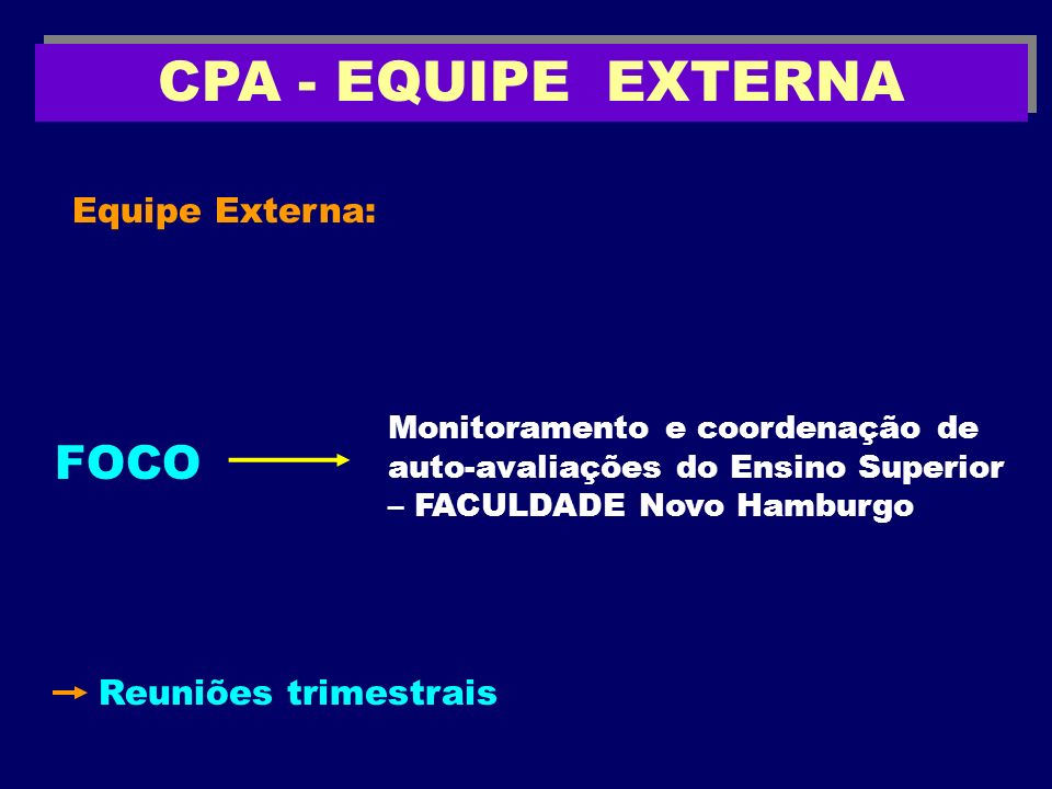 CPA - EQUIPE EXTERNA FOCO Equipe Externa: Reuniões trimestrais