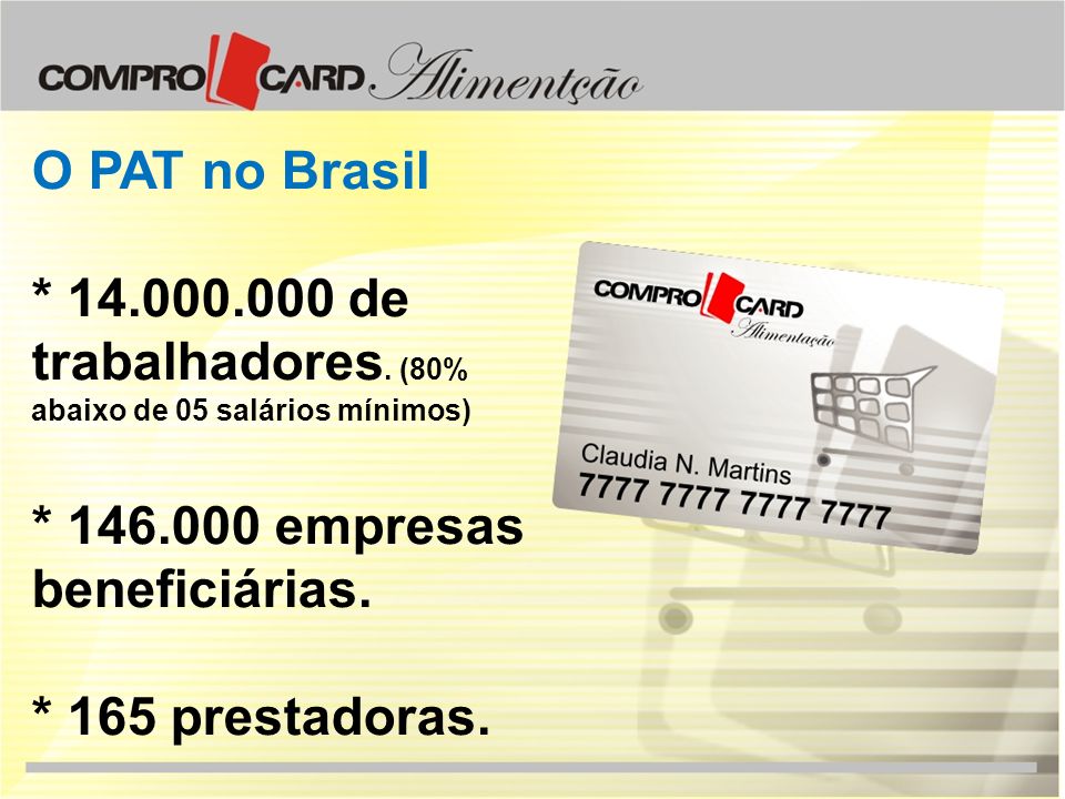 O PAT no Brasil * de trabalhadores. (80% abaixo de 05 salários mínimos) * empresas beneficiárias.