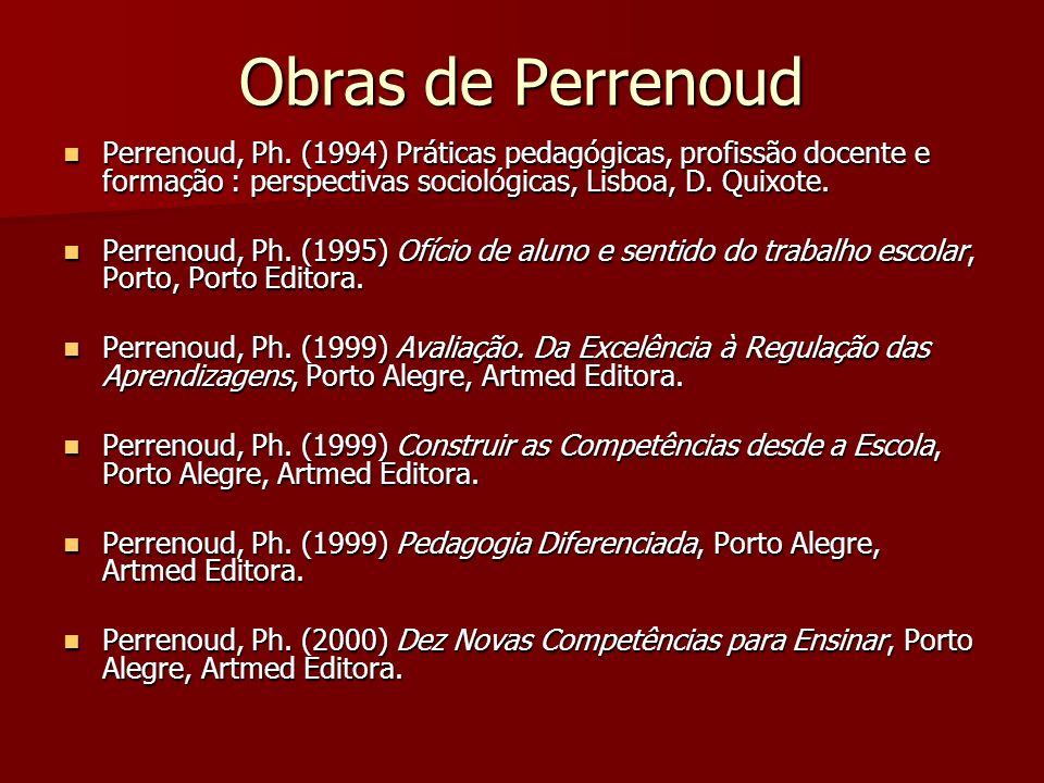 Obras de Perrenoud Perrenoud, Ph. (1994) Práticas pedagógicas, profissão docente e formação : perspectivas sociológicas, Lisboa, D. Quixote.