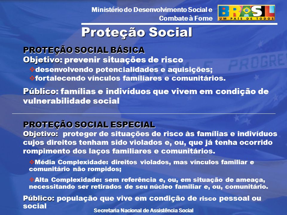 Proteção Social PROTEÇÃO SOCIAL BÁSICA Objetivo: prevenir situações de risco. desenvolvendo potencialidades e aquisições;