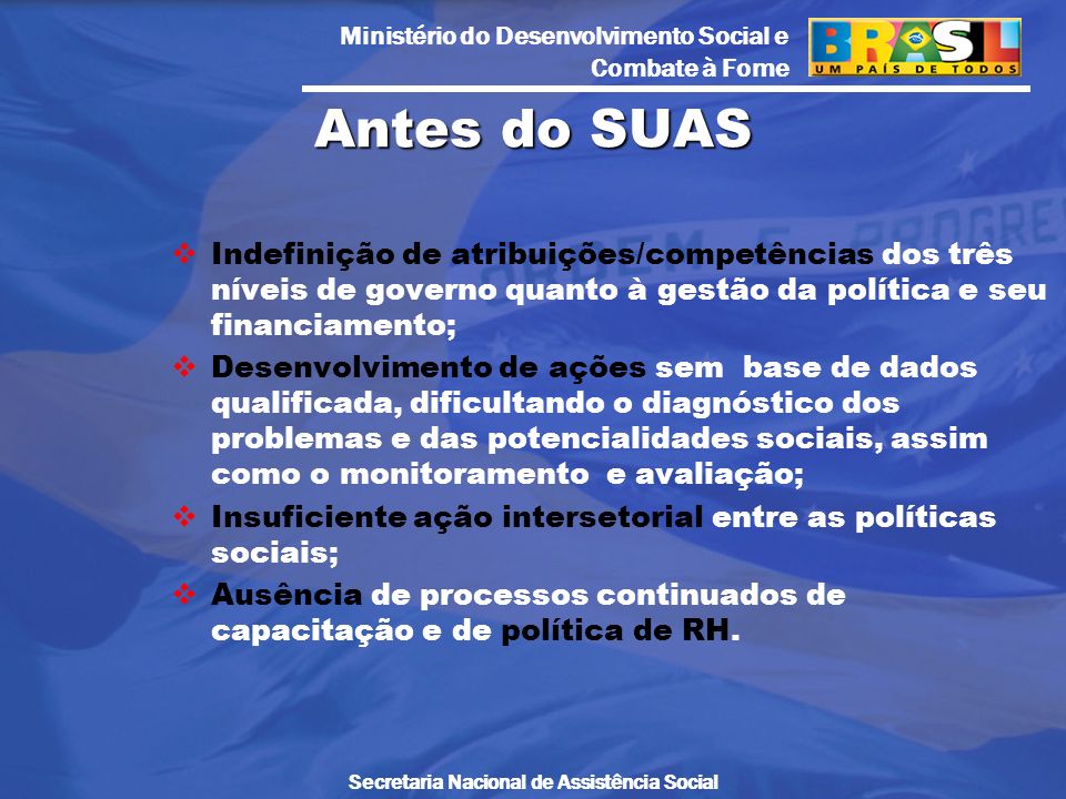 Antes do SUAS Indefinição de atribuições/competências dos três níveis de governo quanto à gestão da política e seu financiamento;