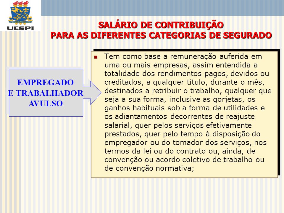 SALÁRIO DE CONTRIBUIÇÃO PARA AS DIFERENTES CATEGORIAS DE SEGURADO