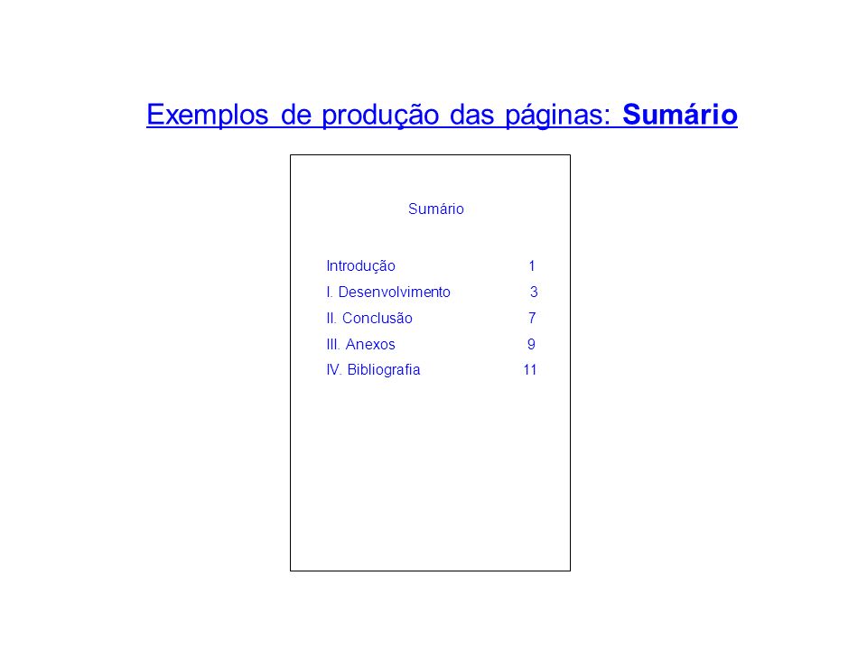 Exemplos de produção das páginas: Sumário