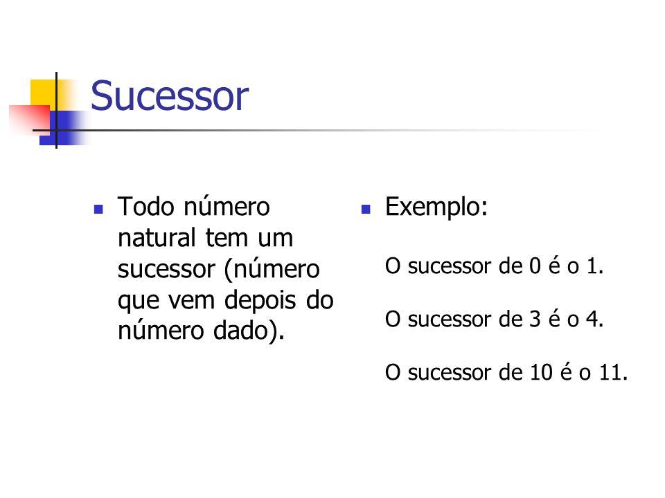 Sucessor Todo número natural tem um sucessor (número que vem depois do número dado).