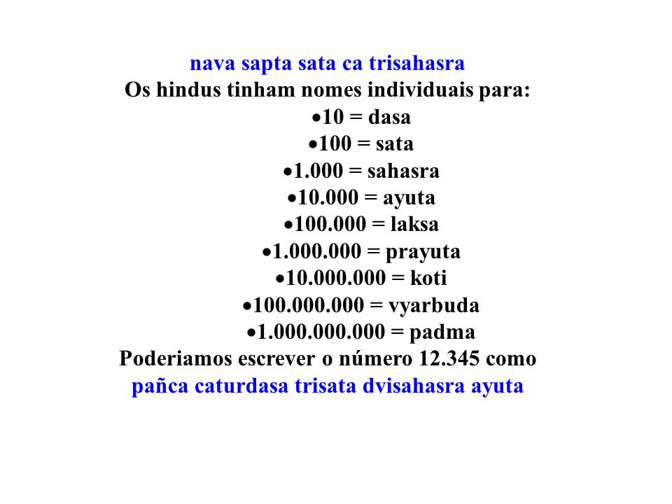 nava sapta sata ca trisahasra Os hindus tinham nomes individuais para: