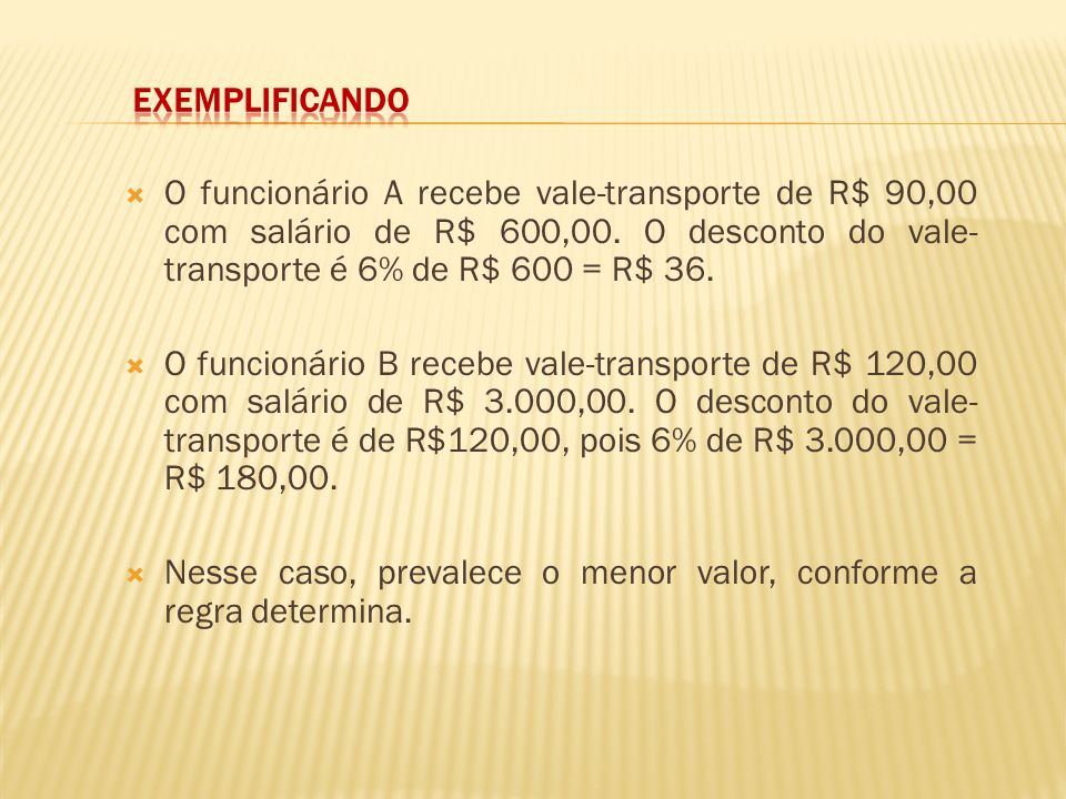 Exemplificando O funcionário A recebe vale-transporte de R$ 90,00 com salário de R$ 600,00. O desconto do vale-transporte é 6% de R$ 600 = R$ 36.