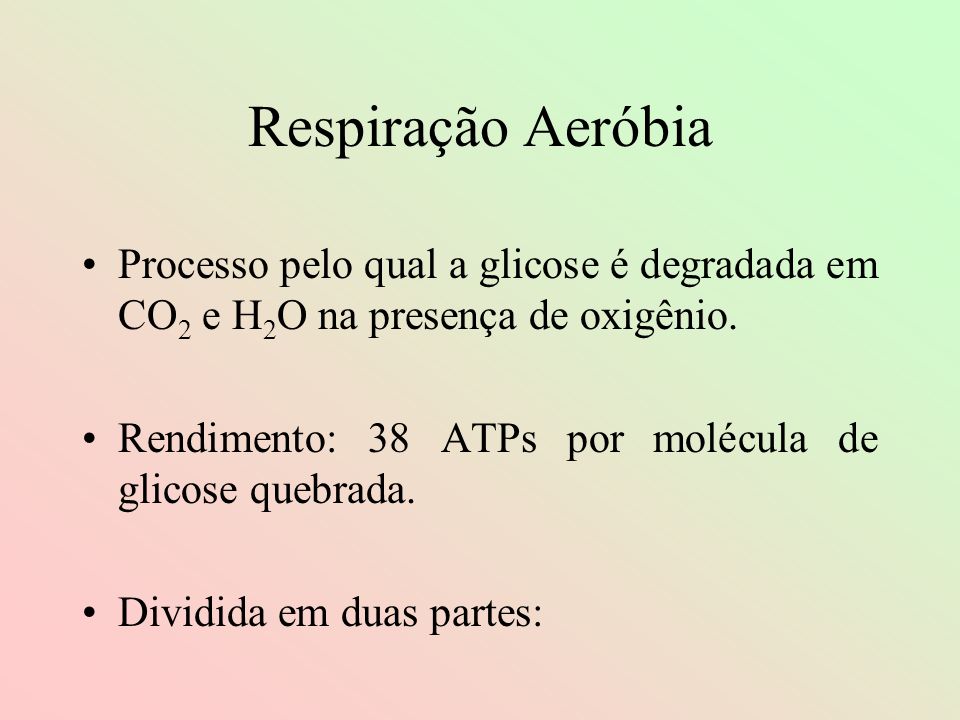 Respiração Aeróbia Processo pelo qual a glicose é degradada em CO2 e H2O na presença de oxigênio.