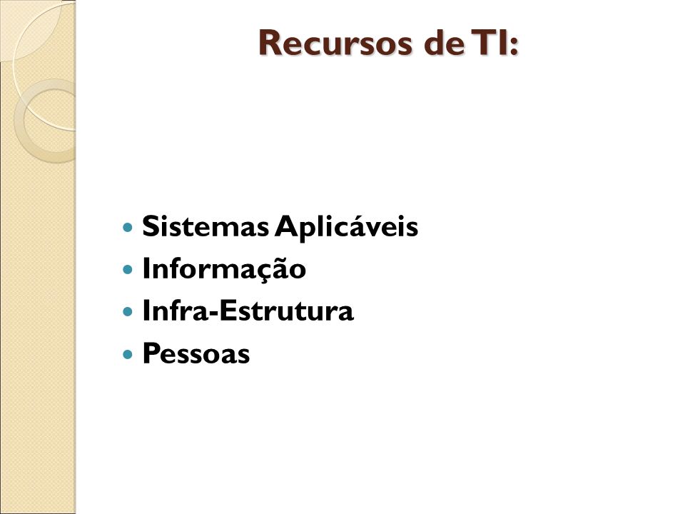 Recursos de TI: Sistemas Aplicáveis Informação Infra-Estrutura Pessoas