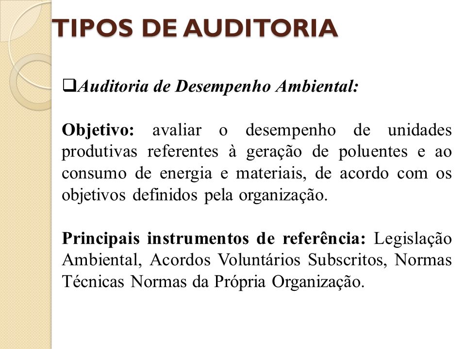TIPOS DE AUDITORIA Auditoria de Desempenho Ambiental: