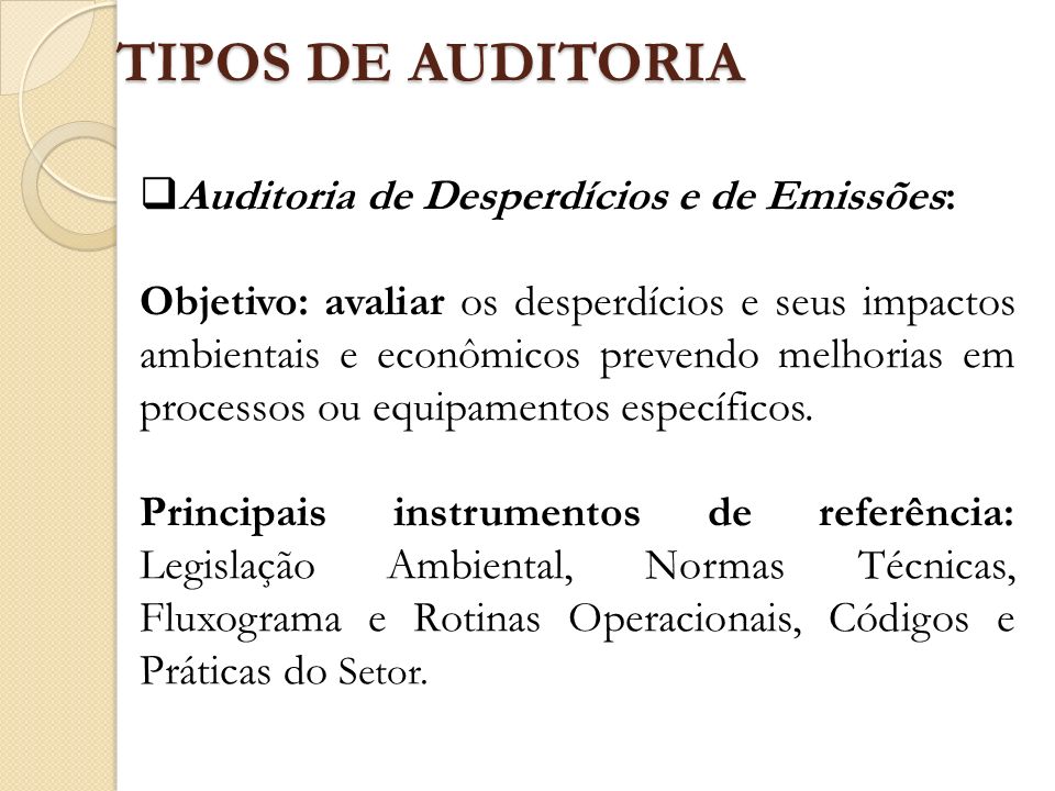 TIPOS DE AUDITORIA Auditoria de Desperdícios e de Emissões: