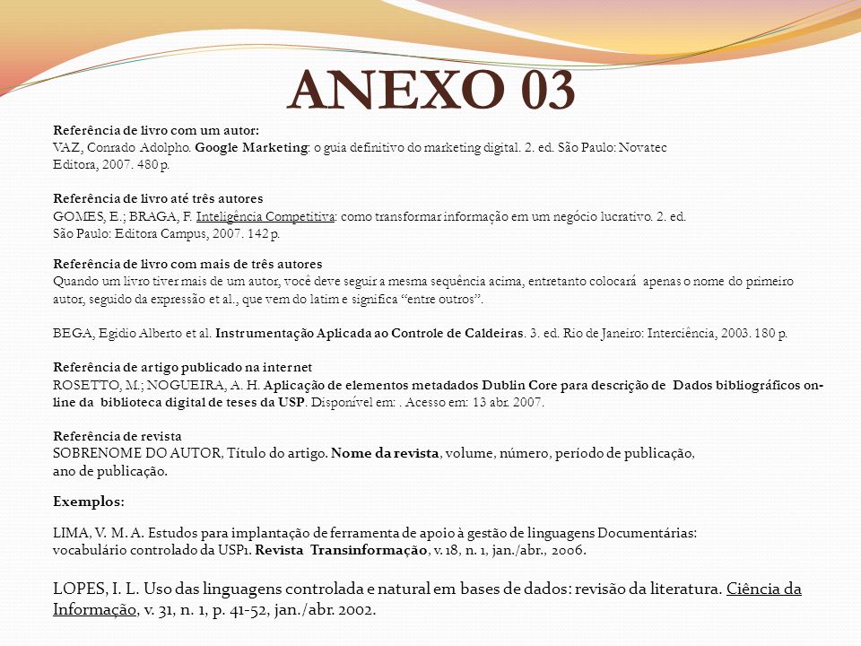 ANEXO 03 Referência de livro com um autor: VAZ, Conrado Adolpho. Google Marketing: o guia definitivo do marketing digital. 2. ed. São Paulo: Novatec.