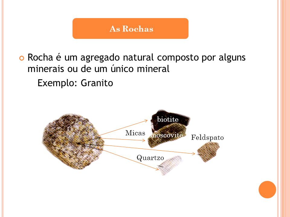 As Rochas Rocha é um agregado natural composto por alguns minerais ou de um único mineral. Exemplo: Granito.