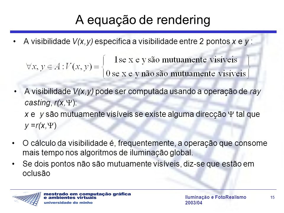 A equação de rendering A visibilidade V(x,y) especifica a visibilidade entre 2 pontos x e y :