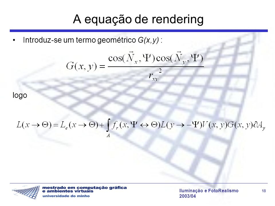 A equação de rendering Introduz-se um termo geométrico G(x,y) : logo
