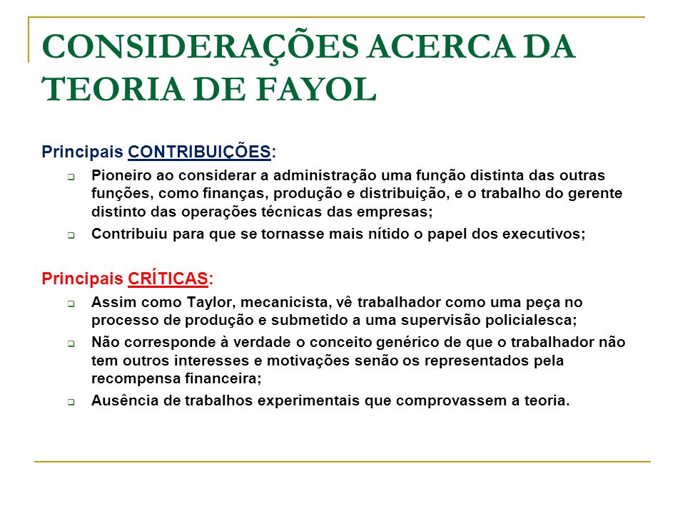 CONSIDERAÇÕES ACERCA DA TEORIA DE FAYOL