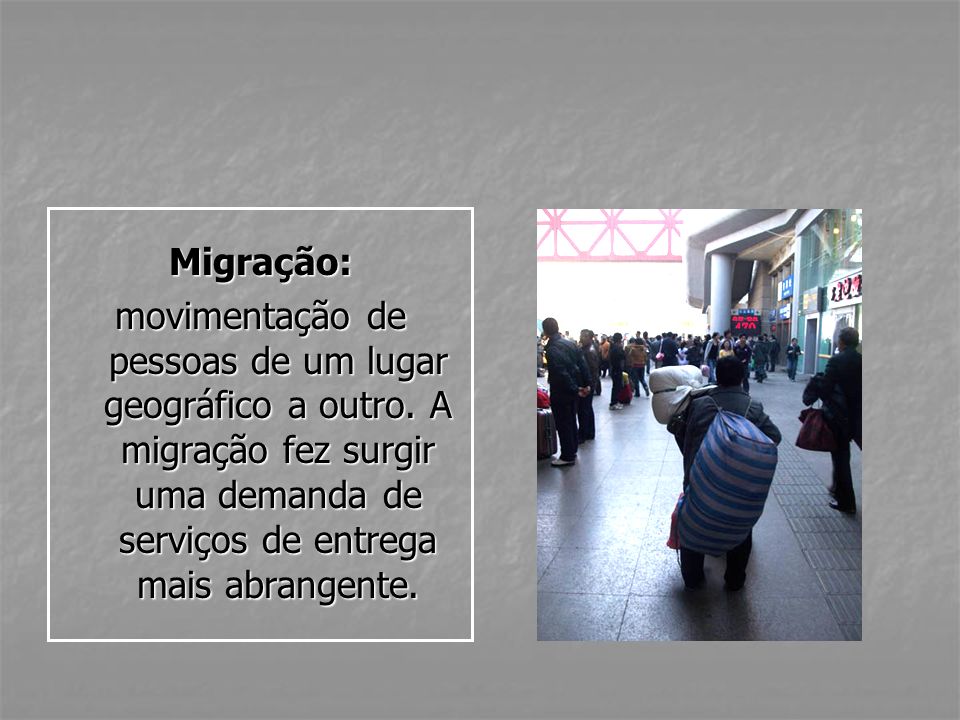 Migração: movimentação de pessoas de um lugar geográfico a outro.