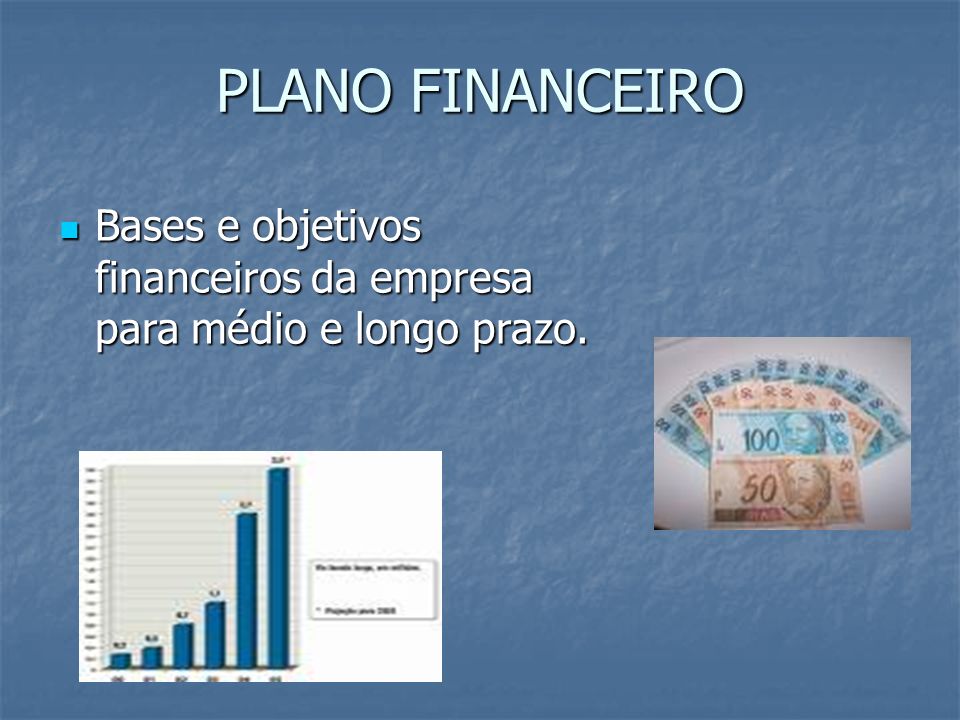 PLANO FINANCEIRO Bases e objetivos financeiros da empresa para médio e longo prazo.