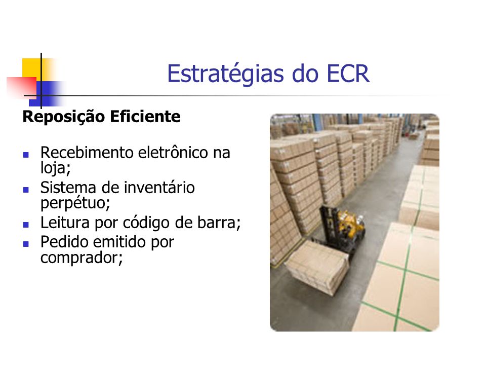 Estratégias do ECR Reposição Eficiente Recebimento eletrônico na loja;