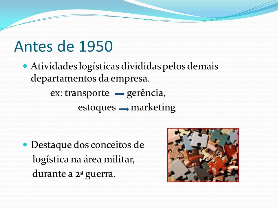 Antes de 1950 Atividades logísticas divididas pelos demais departamentos da empresa. ex: transporte gerência,