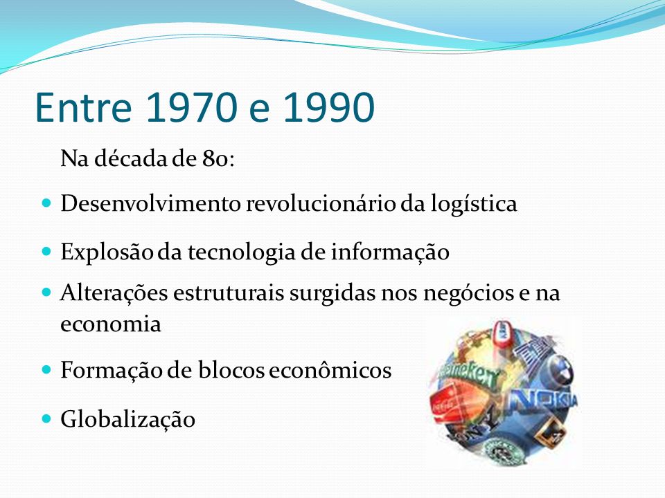 Entre 1970 e 1990 Na década de 80: Desenvolvimento revolucionário da logística. Explosão da tecnologia de informação.