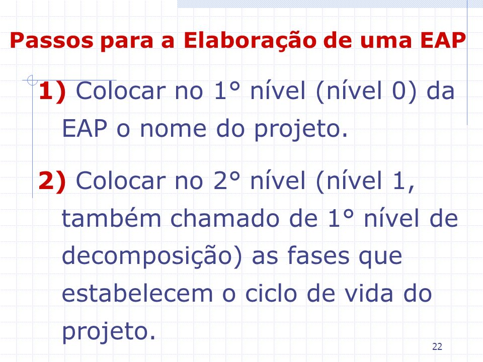 Colocar no 1° nível (nível 0) da EAP o nome do projeto.