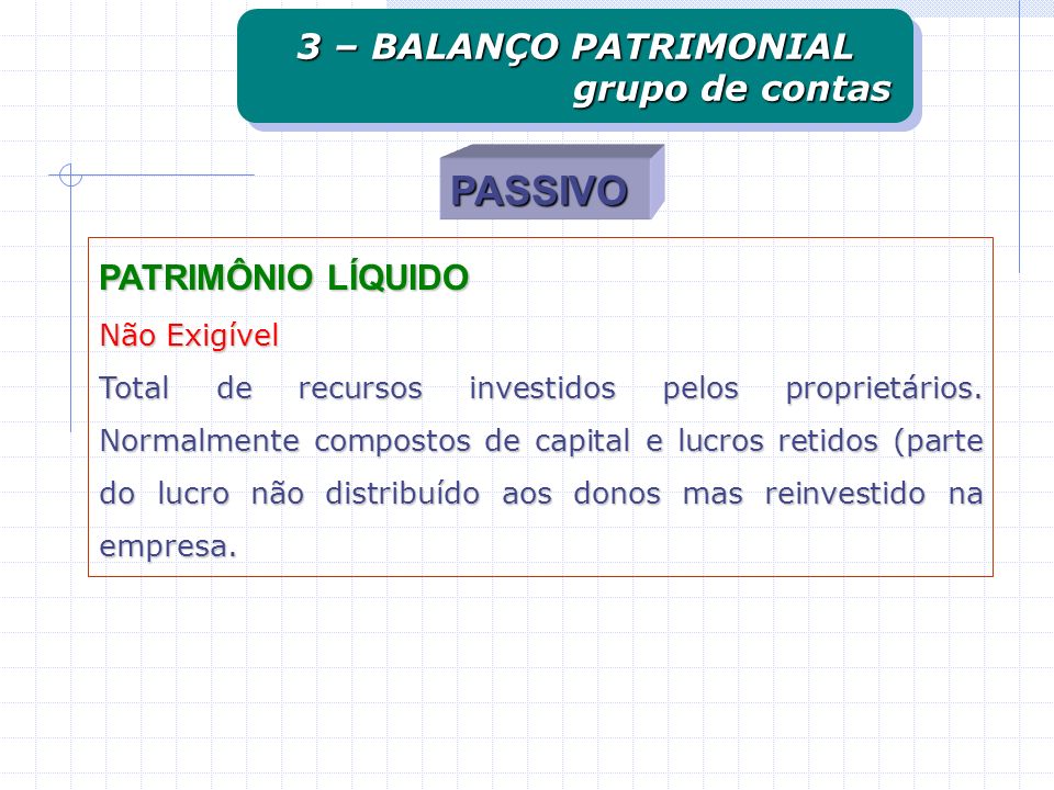 PASSIVO 3 – BALANÇO PATRIMONIAL grupo de contas PATRIMÔNIO LÍQUIDO