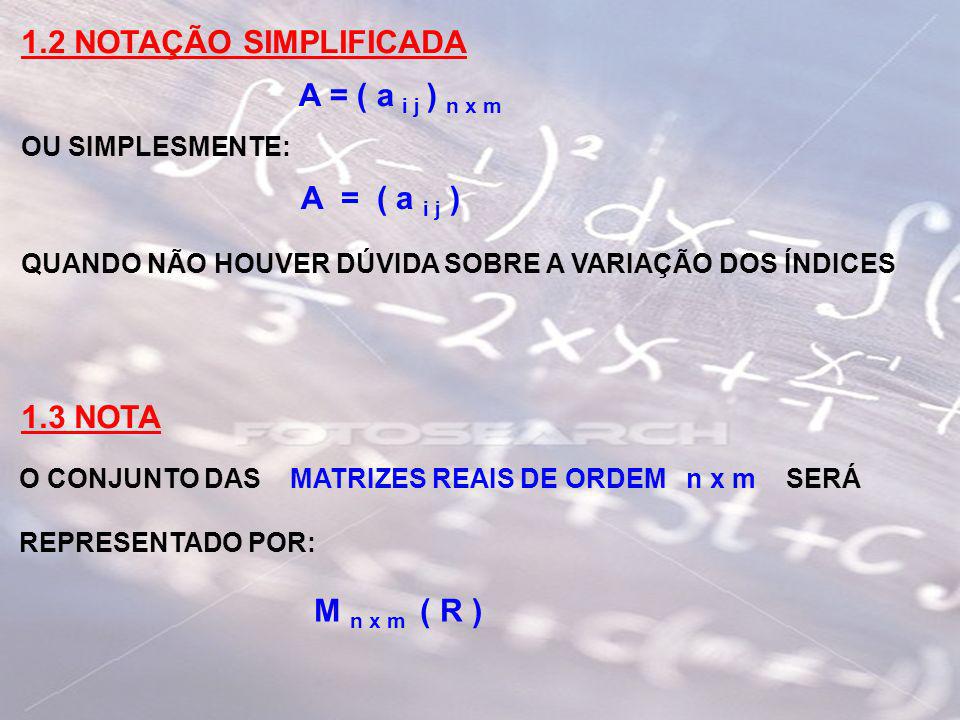 1.2 NOTAÇÃO SIMPLIFICADA A = ( a i j ) n x m A = ( a i j ) 1.3 NOTA
