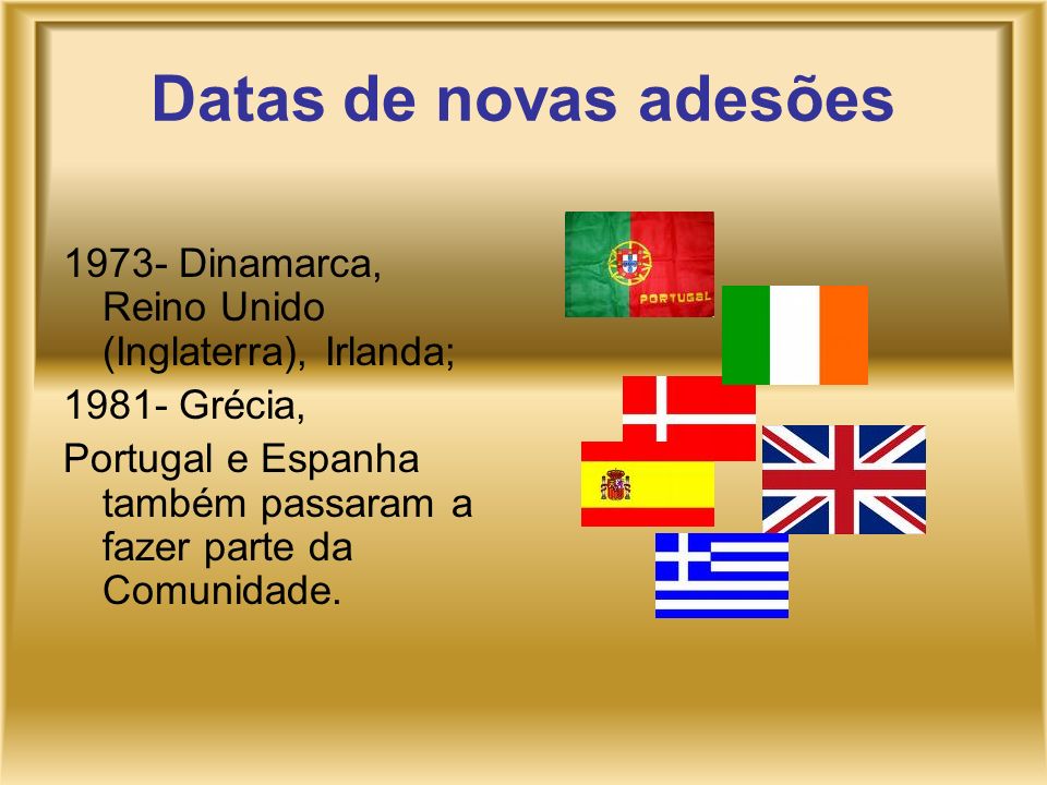 Datas de novas adesões Dinamarca, Reino Unido (Inglaterra), Irlanda; Grécia,