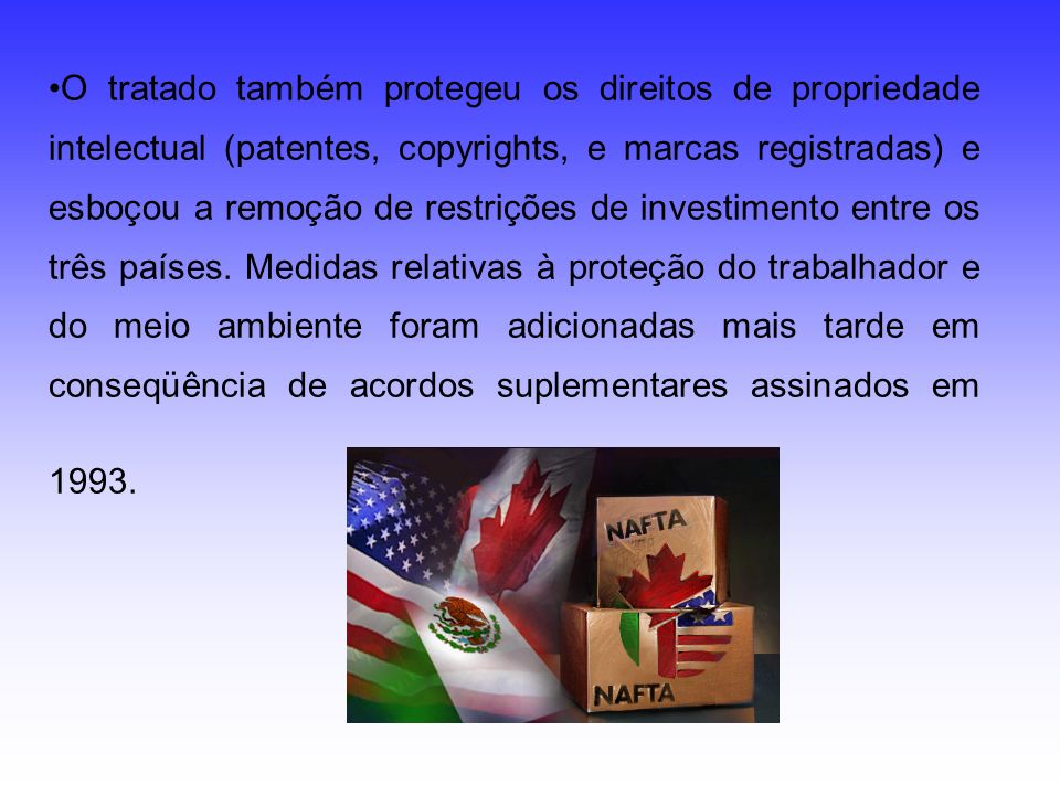 O tratado também protegeu os direitos de propriedade intelectual (patentes, copyrights, e marcas registradas) e esboçou a remoção de restrições de investimento entre os três países.