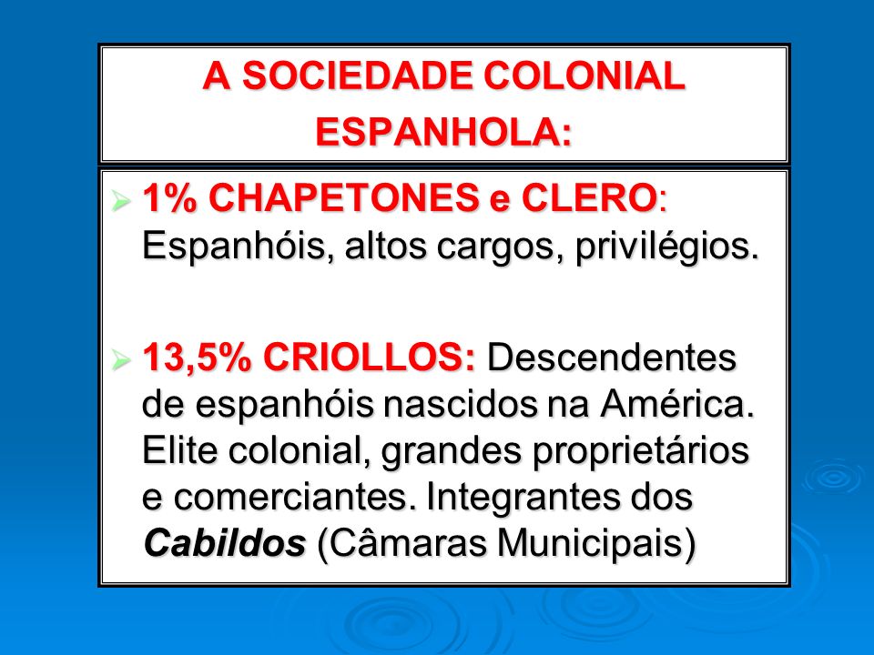 A SOCIEDADE COLONIAL ESPANHOLA: