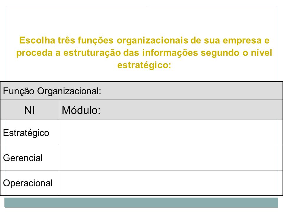 EXERCÍCIO Escolha três funções organizacionais de sua empresa e proceda a estruturação das informações segundo o nível estratégico: