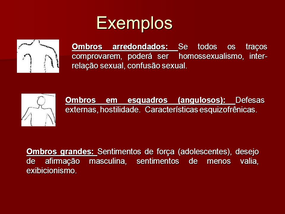 Exemplos Ombros arredondados: Se todos os traços comprovarem, poderá ser homossexualismo, inter-relação sexual, confusão sexual.