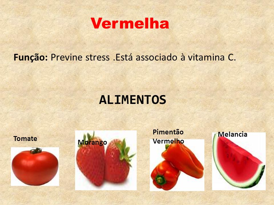 Vermelha Função: Previne stress .Está associado à vitamina C. ALIMENTOS. Pimentão Vermelho. Melancia.
