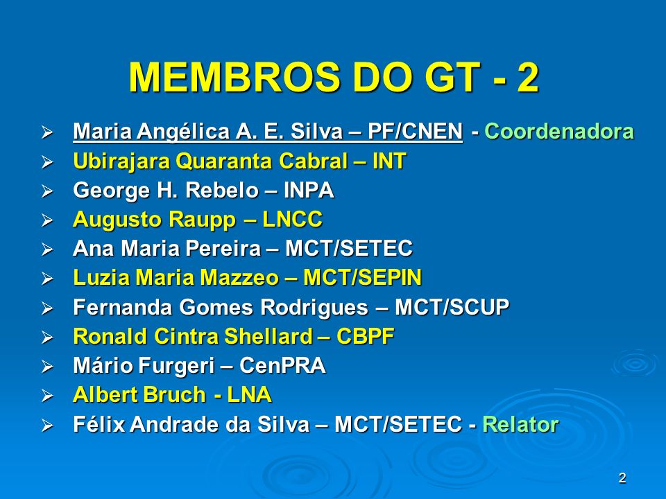 MEMBROS DO GT - 2 Maria Angélica A. E. Silva – PF/CNEN - Coordenadora