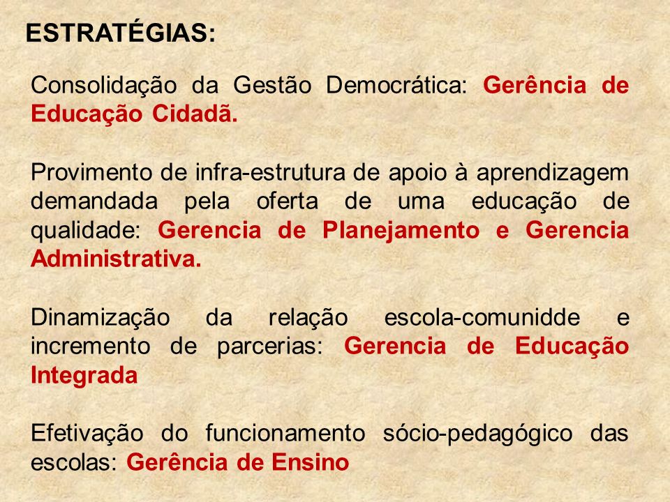ESTRATÉGIAS: Consolidação da Gestão Democrática: Gerência de Educação Cidadã.