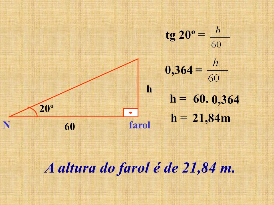 A altura do farol é de 21,84 m. tg 20º = 0,364 = h = 60. 0,364 h =