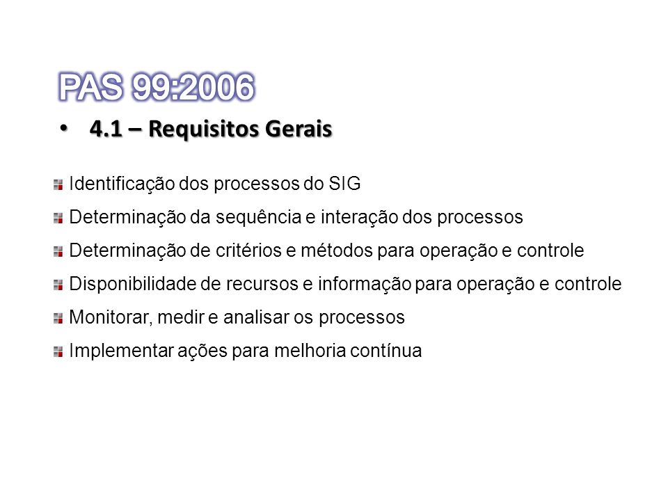 PAS 99: – Requisitos Gerais Identificação dos processos do SIG