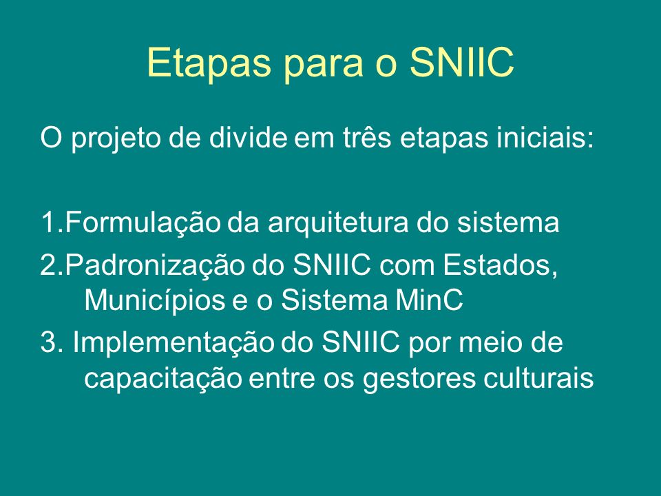 Etapas para o SNIIC O projeto de divide em três etapas iniciais: