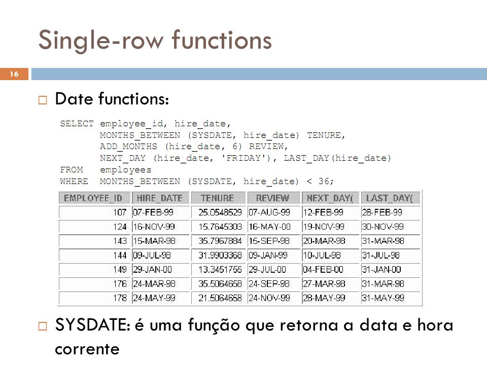 Single-row functions Date functions: