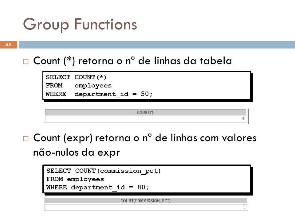 Group Functions Count (*) retorna o nº de linhas da tabela