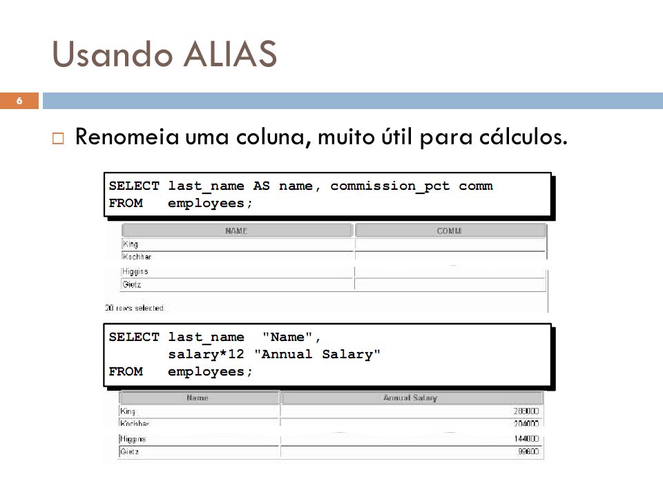 Usando ALIAS Renomeia uma coluna, muito útil para cálculos.