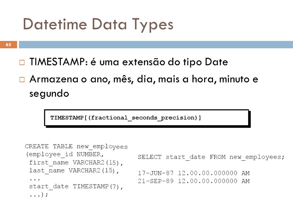 Datetime Data Types TIMESTAMP: é uma extensão do tipo Date