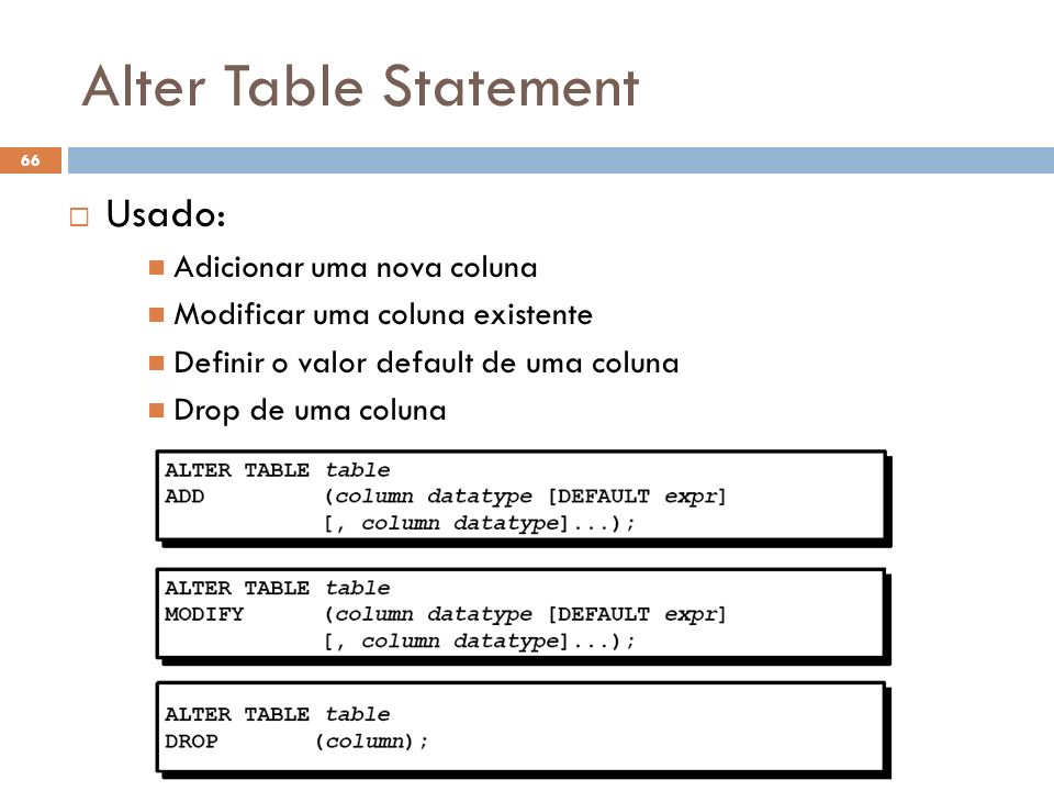 Alter Table Statement Usado: Adicionar uma nova coluna