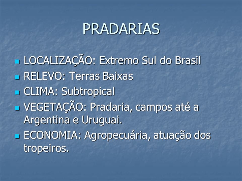 PRADARIAS LOCALIZAÇÃO: Extremo Sul do Brasil RELEVO: Terras Baixas