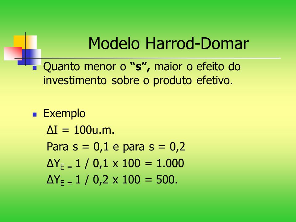 Modelo Harrod-Domar Quanto menor o s , maior o efeito do investimento sobre o produto efetivo. Exemplo.